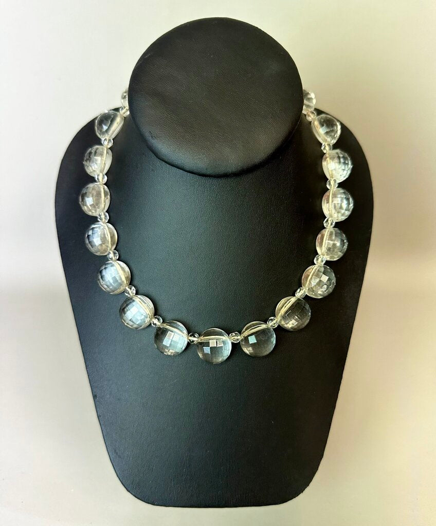 Vintage Clear Faceted Flat Back Glass Beaded Sterling Clasp Necklace (16