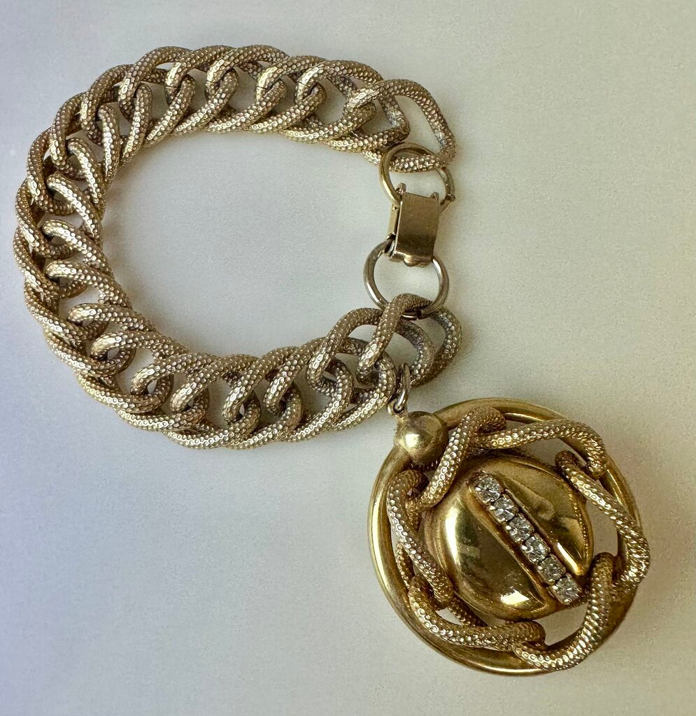 Vintage Mid Century Goldtone Chunky Chain Rhinestone Charm Bracelet (7.5