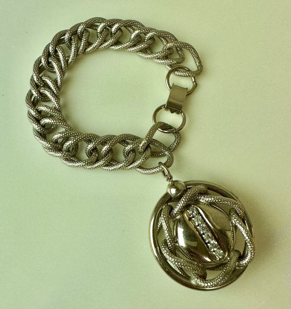 Vintage Mid Century Silvertone Chunky Chain Rhinestone Charm Bracelet (7.5