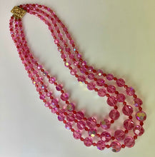 Load image into Gallery viewer, Vintage Pink Aurora Borealis Triple Strand Crystal Bead Gold Clasp Necklace (20")
