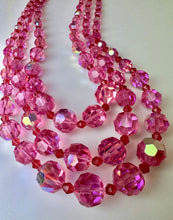 Load image into Gallery viewer, Vintage Pink Aurora Borealis Triple Strand Crystal Bead Gold Clasp Necklace (20")
