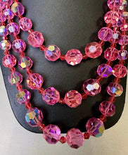 Load image into Gallery viewer, Vintage Pink Aurora Borealis Triple Strand Crystal Bead Gold Clasp Necklace (20")
