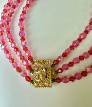 Load image into Gallery viewer, Vintage Pink Aurora Borealis Triple Strand Crystal Bead Gold Clasp Necklace (20")
