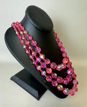 Load image into Gallery viewer, Vintage Pink Aurora Borealis Triple Strand Crystal Bead Gold Clasp Necklace (20")
