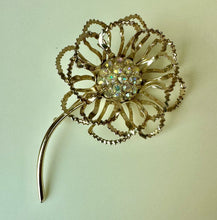 Load image into Gallery viewer, Vintage Sarah Cov Goldtone Aurora Borealis Rhinestone Flower Brooch Pin w/ Clip Earrings Set
