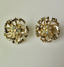 Load image into Gallery viewer, Vintage Sarah Cov Goldtone Aurora Borealis Rhinestone Flower Brooch Pin w/ Clip Earrings Set
