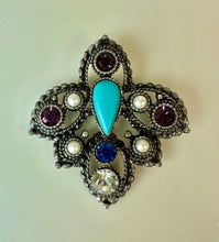 Load image into Gallery viewer, Vintage Sarah Cov Imperial Collection Silvertone Faux Gem &amp; Pearl Brooch Pin w/ Pendant Hook (2.5&quot;)
