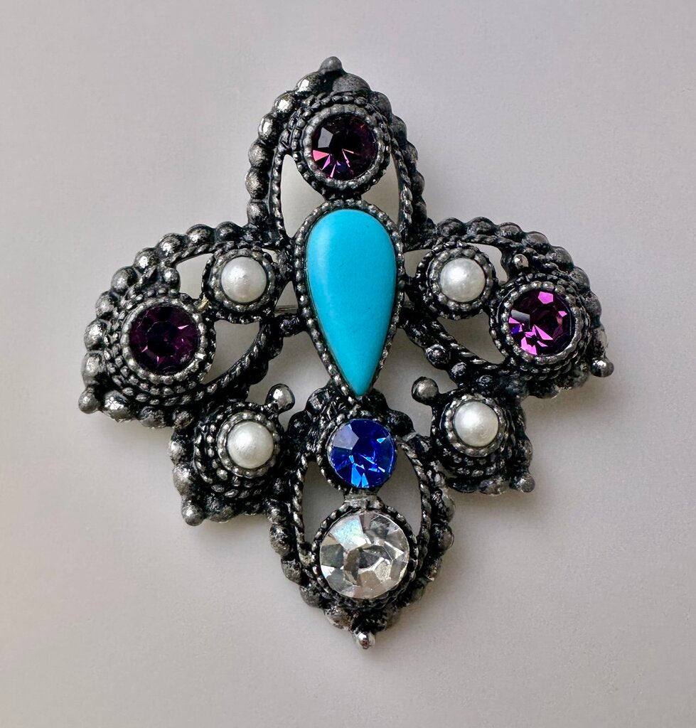 Vintage Sarah Cov Imperial Collection Silvertone Faux Gem & Pearl Brooch Pin w/ Pendant Hook (2.5