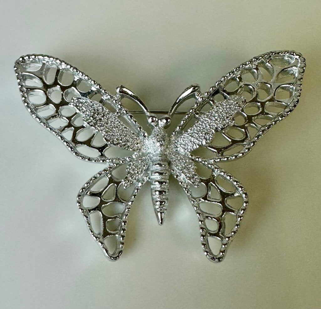 Vintage Sarah Cov Silvertone Filligree Butterfly Brooch Pin (2.5