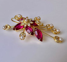 Load image into Gallery viewer, Vintage Judy Lee Ruby Rhinestone Faux Pearl Brooch Pin w/ Clip Earrings Set
