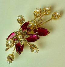 Load image into Gallery viewer, Vintage Judy Lee Ruby Rhinestone Faux Pearl Brooch Pin w/ Clip Earrings Set
