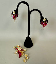Load image into Gallery viewer, Vintage Judy Lee Ruby Rhinestone Faux Pearl Brooch Pin w/ Clip Earrings Set
