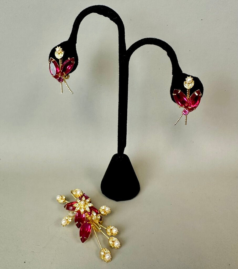 Vintage Judy Lee Ruby Rhinestone Faux Pearl Brooch Pin w/ Clip Earrings Set