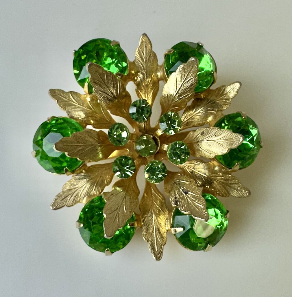 Vintage Bright Green Rhinestone Flower Brooch Pin (2