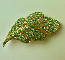 Load image into Gallery viewer, Vintage Bright Green Rhinestone Goldtone Leaf Brooch PIn (2.5")
