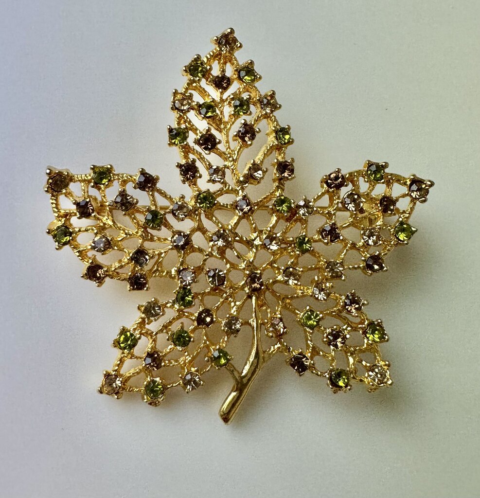 RJ Graziano Green & Brown Rhinestone Goldtone Maple Leaf Brooch Pin (2