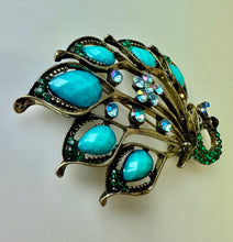 Load image into Gallery viewer, Bronze Blue &amp; Green Rhinestone Teal Acrylic Peacock Brooch Pin (3&quot;)
