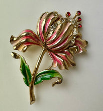 Load image into Gallery viewer, Vintage 3D Goldtone Enamel Rhinestone Flower Brooch Pin (3.75&quot;)
