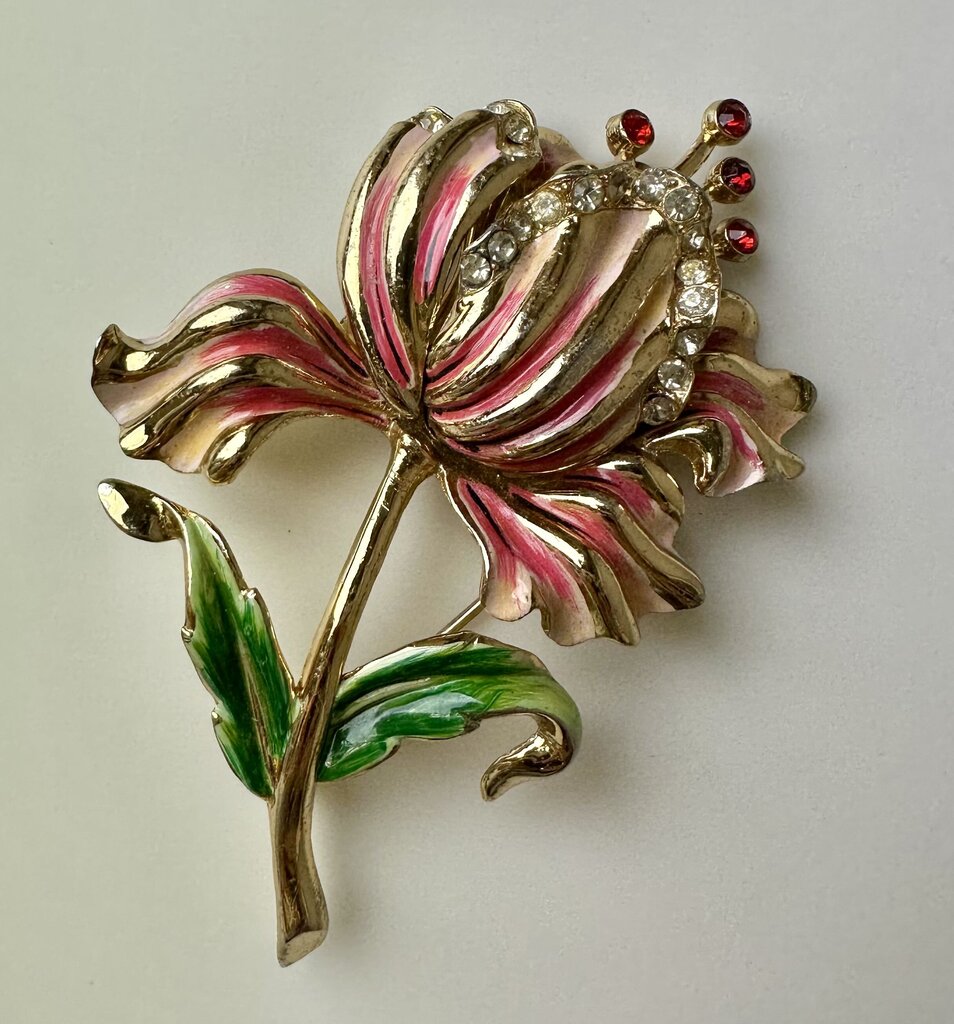 Vintage 3D Goldtone Enamel Rhinestone Flower Brooch Pin (3.75