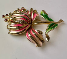 Load image into Gallery viewer, Vintage 3D Goldtone Enamel Rhinestone Flower Brooch Pin (3.75&quot;)
