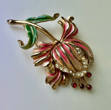 Load image into Gallery viewer, Vintage 3D Goldtone Enamel Rhinestone Flower Brooch Pin (3.75&quot;)
