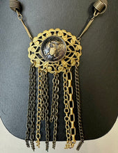 Load image into Gallery viewer, Vintage Lenora Dame Brass Goldtone Eagle Button Fringe Necklace (19")
