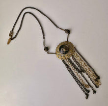 Load image into Gallery viewer, Vintage Lenora Dame Brass Goldtone Eagle Button Fringe Necklace (19")
