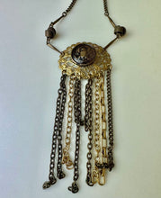 Load image into Gallery viewer, Vintage Lenora Dame Brass Goldtone Eagle Button Fringe Necklace (19")
