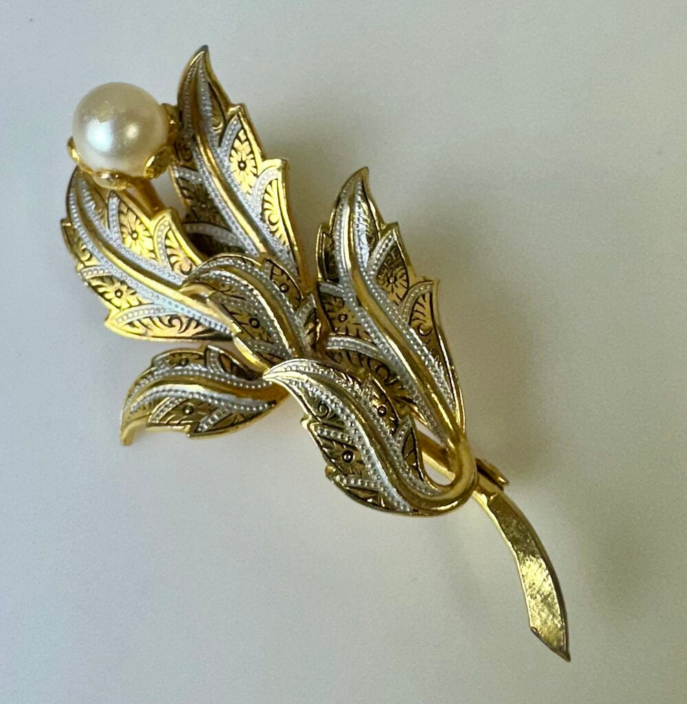 Vintage Toledo Enamel Damascene Faux Pearl Leaves Brooch Pin (2.5