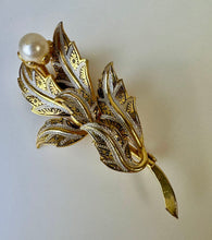 Load image into Gallery viewer, Vintage Toledo Enamel Damascene Faux Pearl Leaves Brooch Pin (2.5&quot;)
