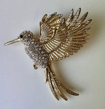Load image into Gallery viewer, Goldtone Rhinestone Hummingbird in Flight Brooch Pin (2.5&quot;)
