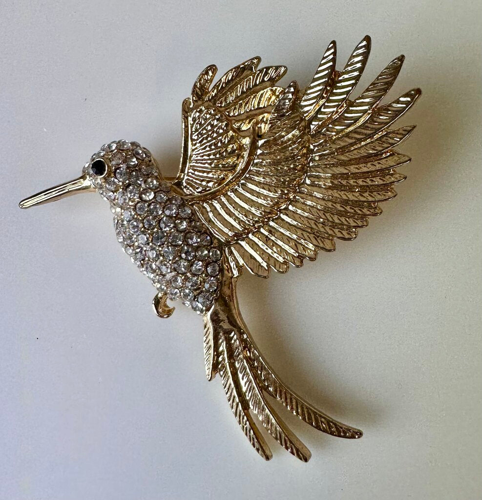 Goldtone Rhinestone Hummingbird in Flight Brooch Pin (2.5
