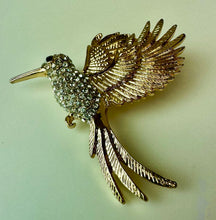 Load image into Gallery viewer, Goldtone Rhinestone Hummingbird in Flight Brooch Pin (2.5&quot;)
