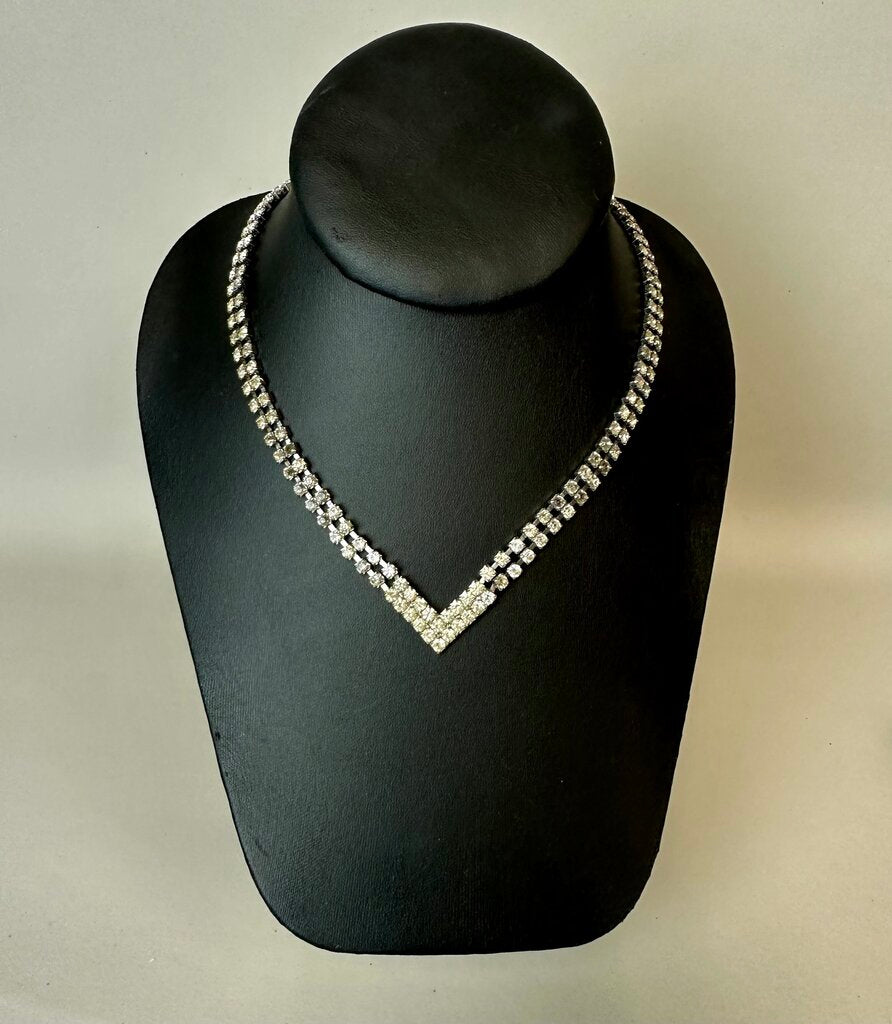 Vintage V Shaped Clear Rhinestone Choker Necklace (16