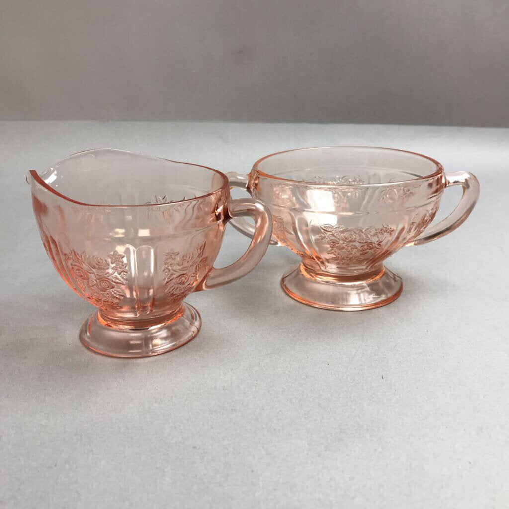 Vintage Federal Glass Sharon Cream & Sugar Cabbage Rose Pink Depression Glass (3