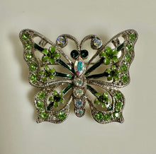 Load image into Gallery viewer, Green &amp; Iridescent Rhinestone Silvertone Enamel Butterfly Brooch Pin (2")
