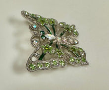 Load image into Gallery viewer, Green &amp; Iridescent Rhinestone Silvertone Enamel Butterfly Brooch Pin (2")
