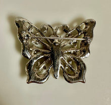 Load image into Gallery viewer, Green &amp; Iridescent Rhinestone Silvertone Enamel Butterfly Brooch Pin (2")
