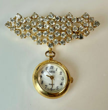 Load image into Gallery viewer, Vintage Quintel Quartz Clear Rhinestone Watch Brooch Pin (2.5")
