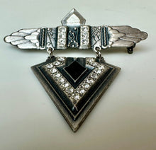Load image into Gallery viewer, Vintage Nuri Art Deco Style Silvertone Rhinestone Enamel Brooch PIn (2")
