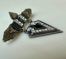 Load image into Gallery viewer, Vintage Nuri Art Deco Style Silvertone Rhinestone Enamel Brooch PIn (2")
