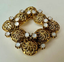 Load image into Gallery viewer, Vintage Antiqued Goldtone Filigree Faux Moonstone Brooch Pin (1.5")
