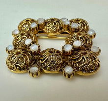 Load image into Gallery viewer, Vintage Antiqued Goldtone Filigree Faux Moonstone Brooch Pin (1.5")
