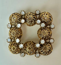 Load image into Gallery viewer, Vintage Antiqued Goldtone Filigree Faux Moonstone Brooch Pin (1.5")
