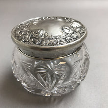 Load image into Gallery viewer, Antique Cut Crystal Dresser Vanity Jar Sterling Repousse Art Nouveau Lid Primros (3&quot;)
