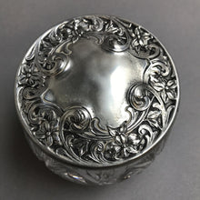 Load image into Gallery viewer, Antique Cut Crystal Dresser Vanity Jar Sterling Repousse Art Nouveau Lid Primros (3&quot;)
