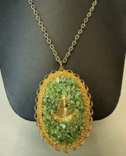 Load image into Gallery viewer, Vintage Goldtone Leaf Nephrite Jade Chip Statement Pendant on 24&quot; Chain
