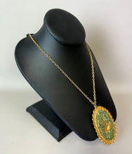 Load image into Gallery viewer, Vintage Goldtone Leaf Nephrite Jade Chip Statement Pendant on 24&quot; Chain
