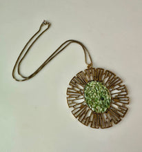 Load image into Gallery viewer, Vintage Goldtone Nephrite Jade Chip Stylized Sunburst Pendant on 18&quot; Chain
