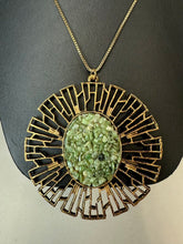 Load image into Gallery viewer, Vintage Goldtone Nephrite Jade Chip Stylized Sunburst Pendant on 18&quot; Chain
